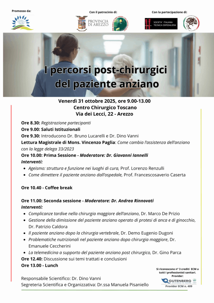 “I percorsi post-chirurgici del paziente anziano”: convegno al Centro Chirurgico Toscano il 31 ottobre 2025
